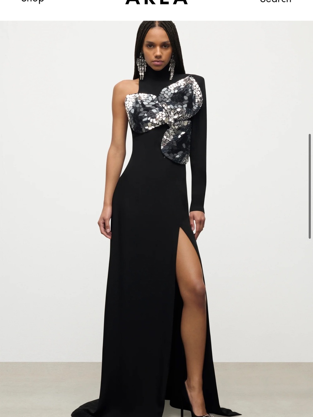 AREA - Black One-Shoulder Sequin-Accent Evening Gown